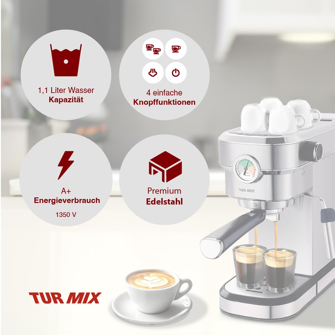 Turmix Espressomaschine TX 590 - Siebträgermaschine Edelsthal, 20 Bar-Kaffeemaschine mit milchschäumer, 17 cm breit, 1350W 1,1L Wassertank, Beheizte Tassenabstellfläche