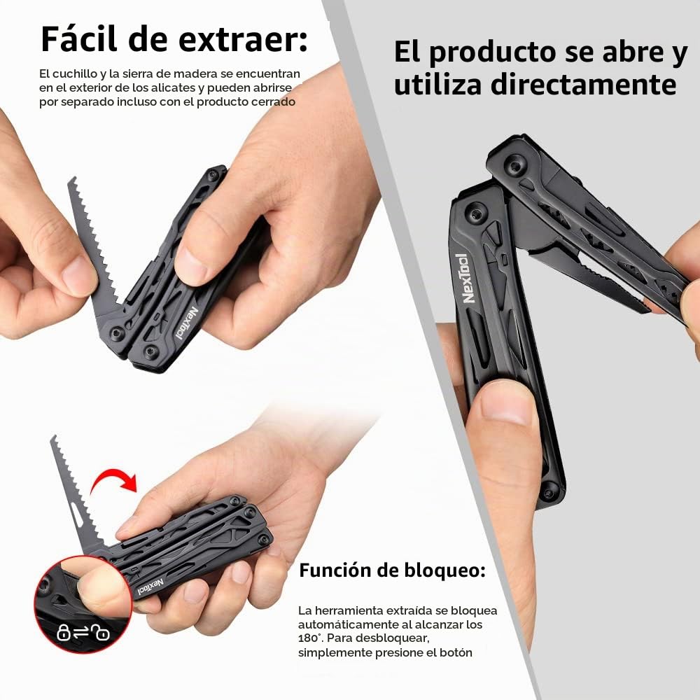 NexTool Black Knight Herramienta Multiusos, 11 IN 1 Multiherramienta, Acero Inoxidable Navajas Multiusos con Cuchillos Tijeras Sierras Abrebotellaspara Juego de puntas 9 IN 1y Bolsa de Nylon