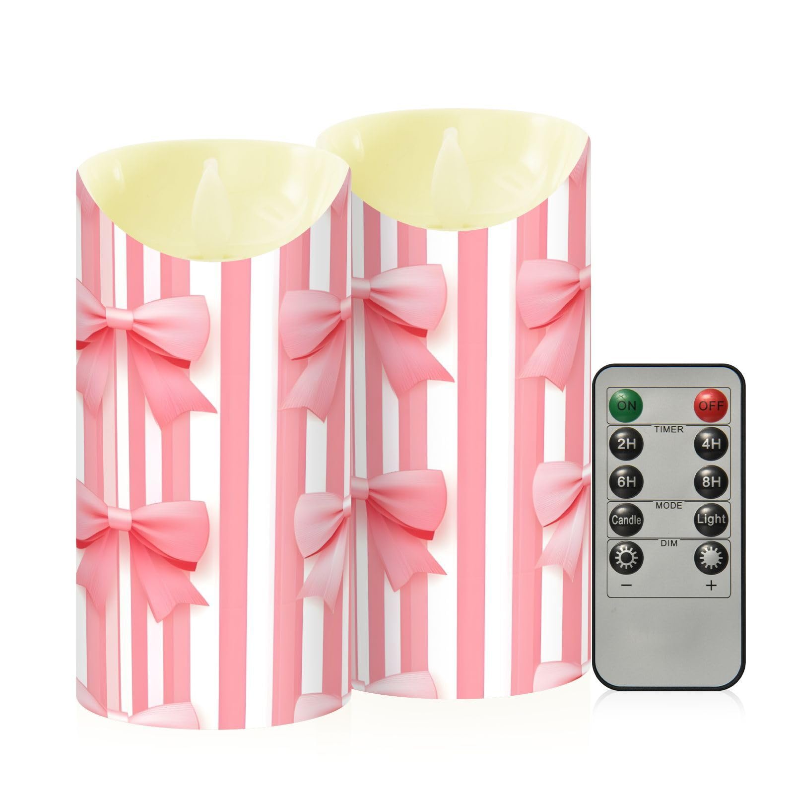 Cgiub Pink Bow Flameless Candles with Timer 2pcs Battery Operated Flickering Flameless LED Pillar Candles for Holiday Home Wedding Fireplace Decor