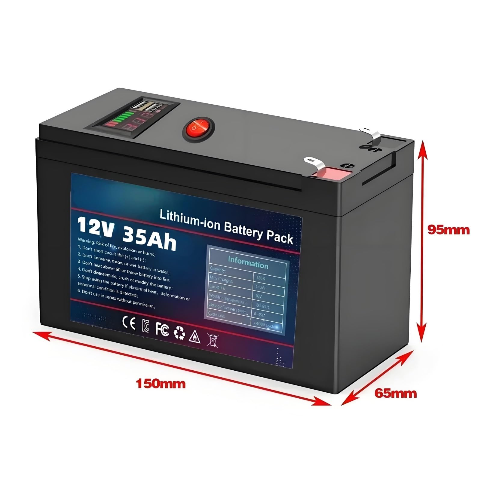 Batería 12V 35Ah Li-Ion 18650 Con Cargador 12,6V 3A Para Bicicletas Eléctricas Scooters Farolas Solares Inversores