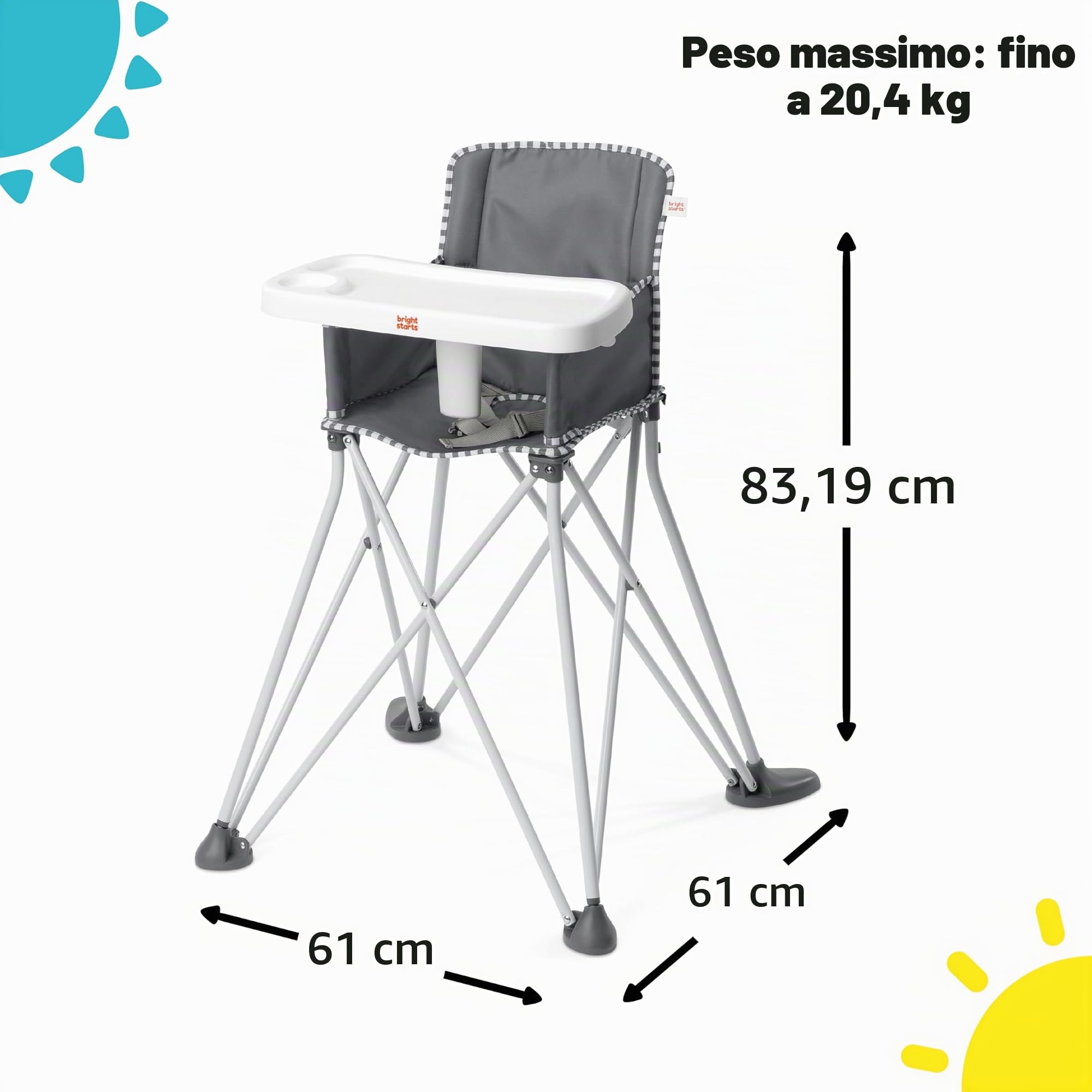 Bright Starts, Seggiolone Portatile Pop ‘N Dine, Uso Interno/Esterno, Vassoio Privo di BPA, Facile da Piegare e Trasportare, Unisex, Per Bambini a Partire da 6 Mesi, Grigio