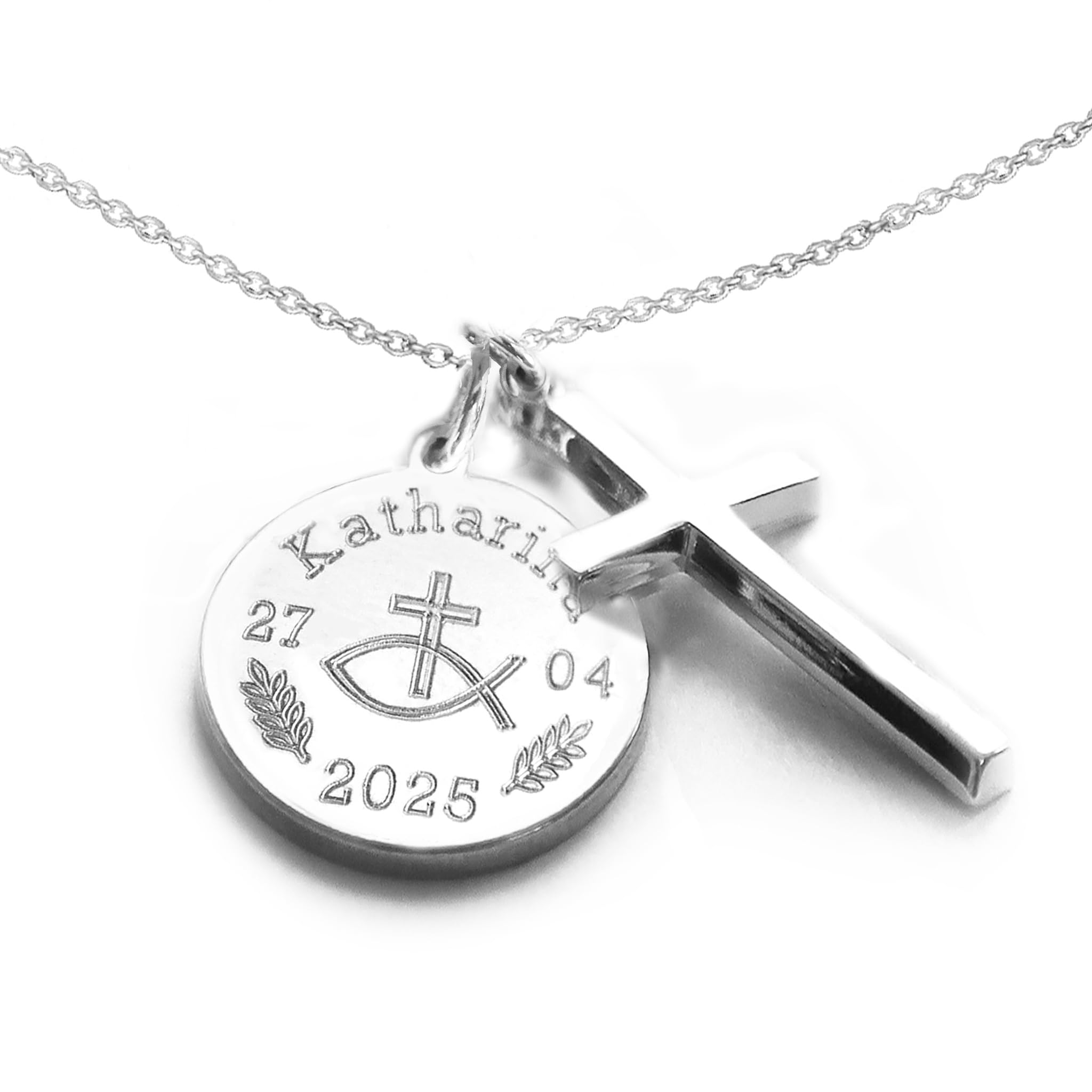 Christliche Kette mit Gravur, Kreuz oder Fisch Anhänger, Silber