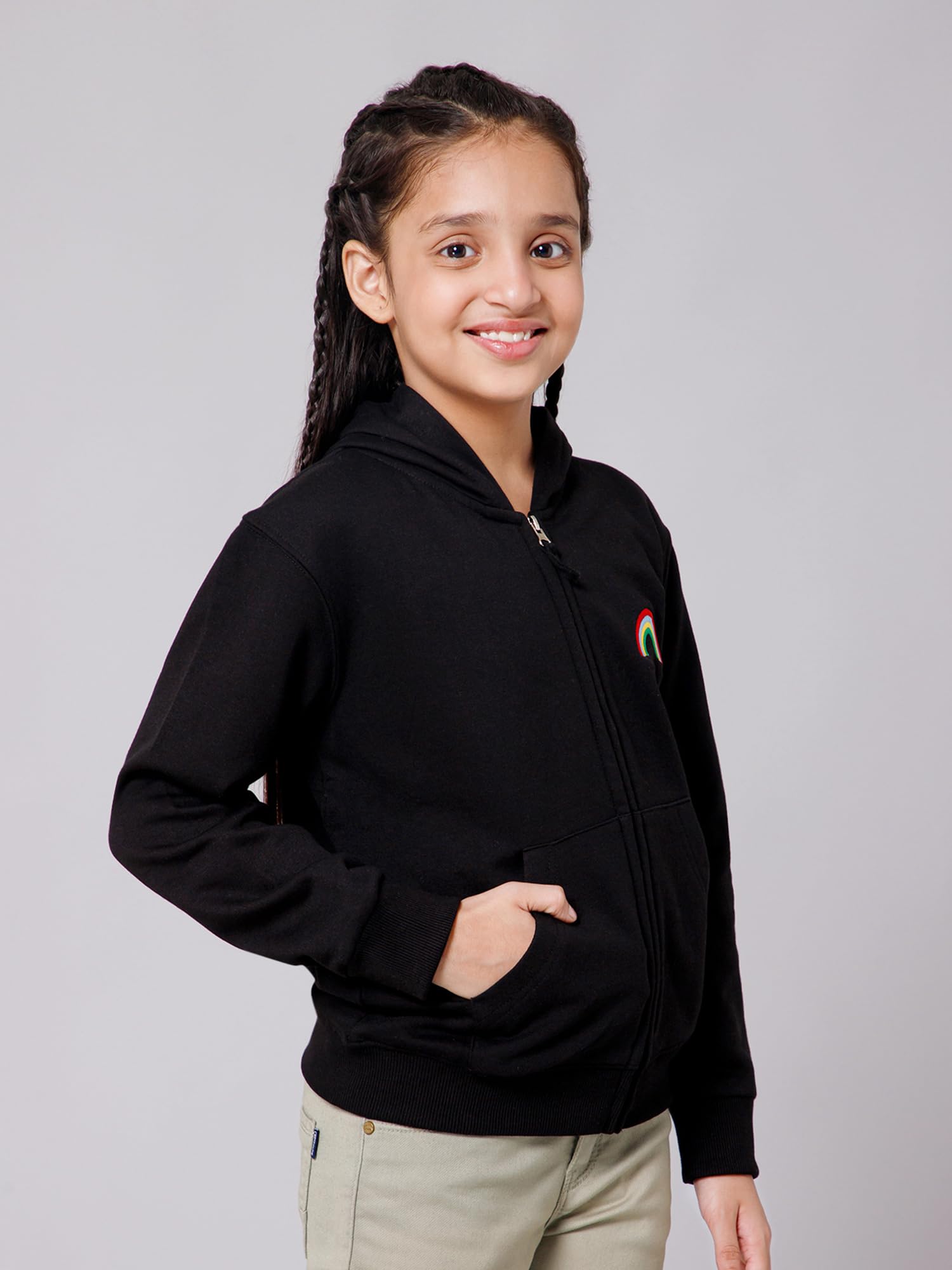 Alan Jones Clothing Girls Zipper Hooded Sweatshirt | Placement Print | Insert Pockets | Ribbed Hem | Regular Fit | Black_11-12 Years 2