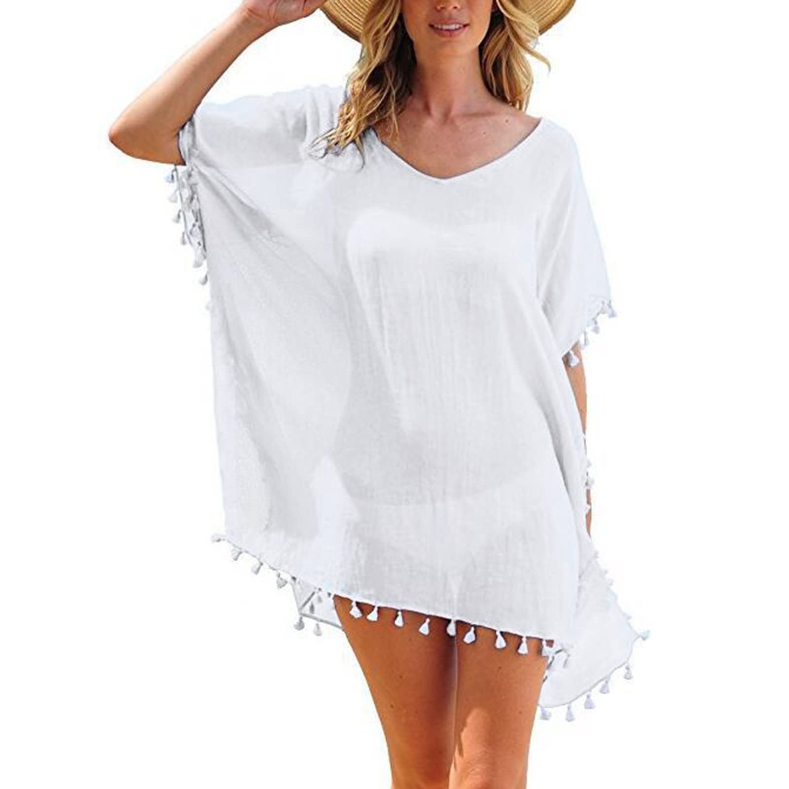 Generic Ropa Boho Mujer Verano - Poncho de Playa Transparente Vestido de Playa Sexy Caftán Negro Transparente Vestidos de Playa Manga Corta Vestido de Verano Midi Ligero Aire Bikini Cover Up Pareos Hasta La