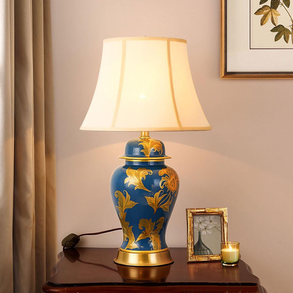 asdchZen 26.8" Ginger Jar Ceramic/All Copper Table Lamp With Fabric Shades Glam Bedside Desk Nightstand Bedroom Living Room Office College Bookcase