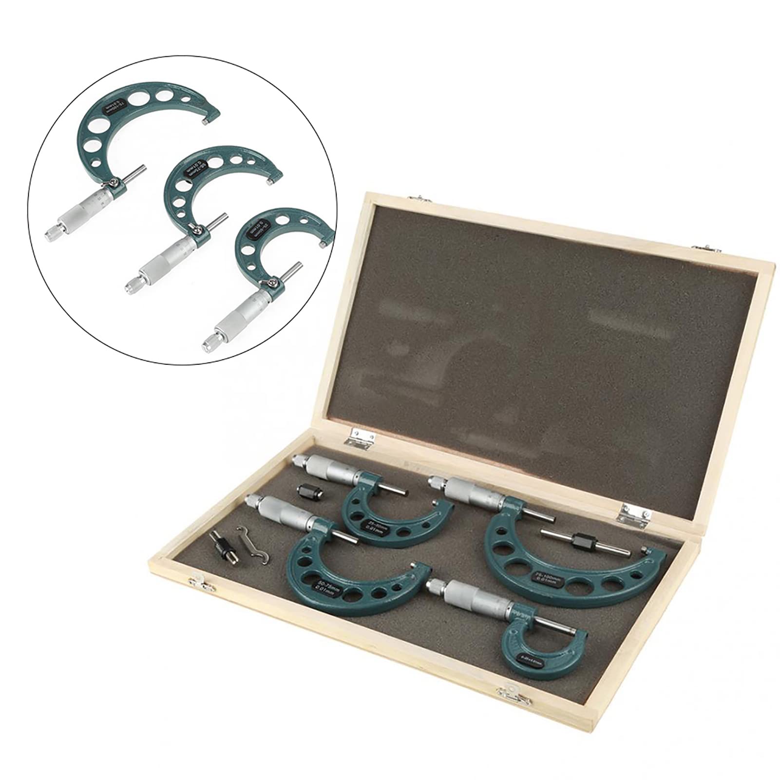 Set di Micrometri Esterni Metrici 4 Pezzi, Calibri per Misuratori di Spessore 0-100 mm con Custodia