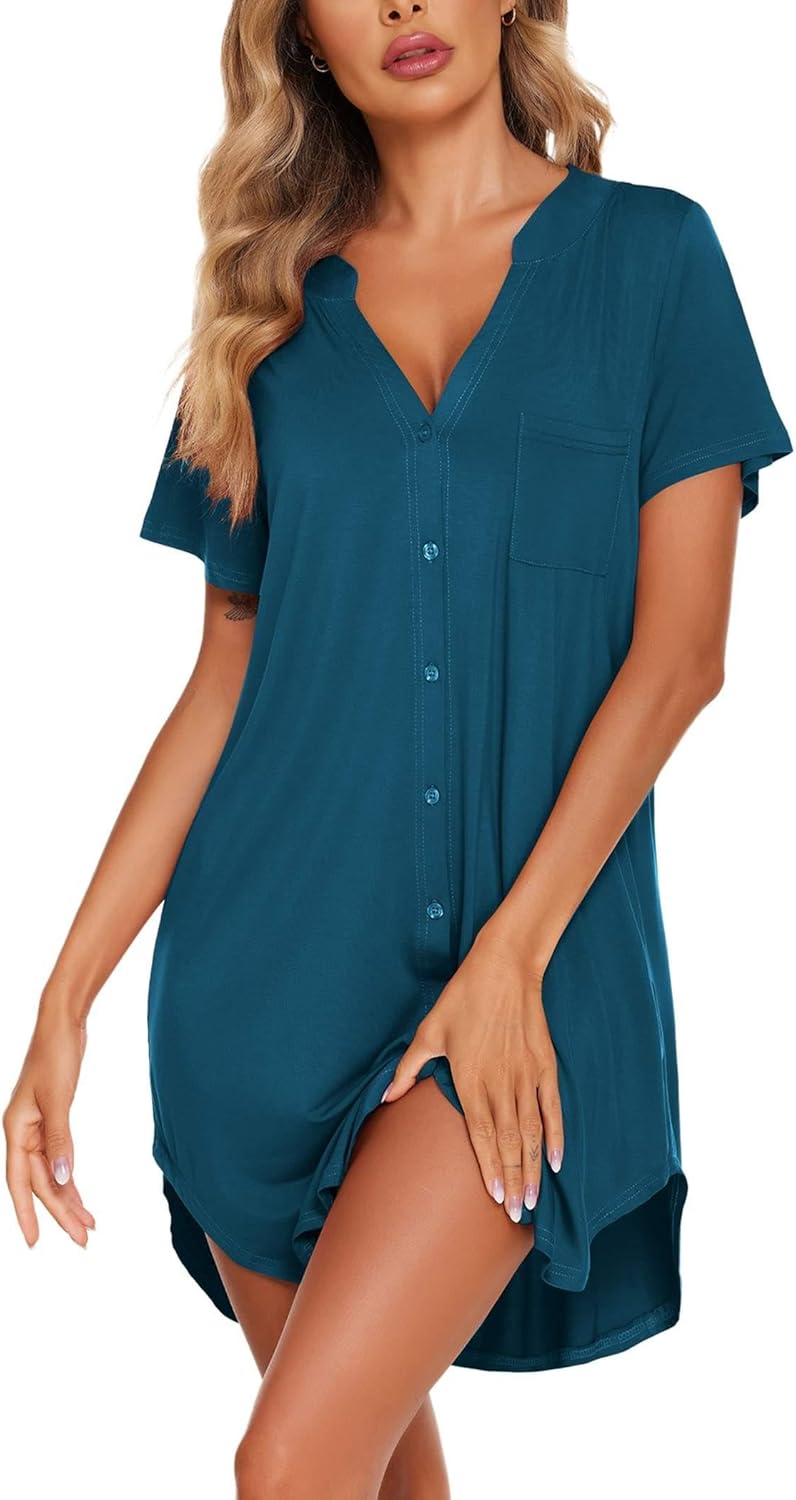 Ekouaer Women Button Down Nightgown V Neck Night Gowns Sleepshirts Short Sleep Shirts - Image 2