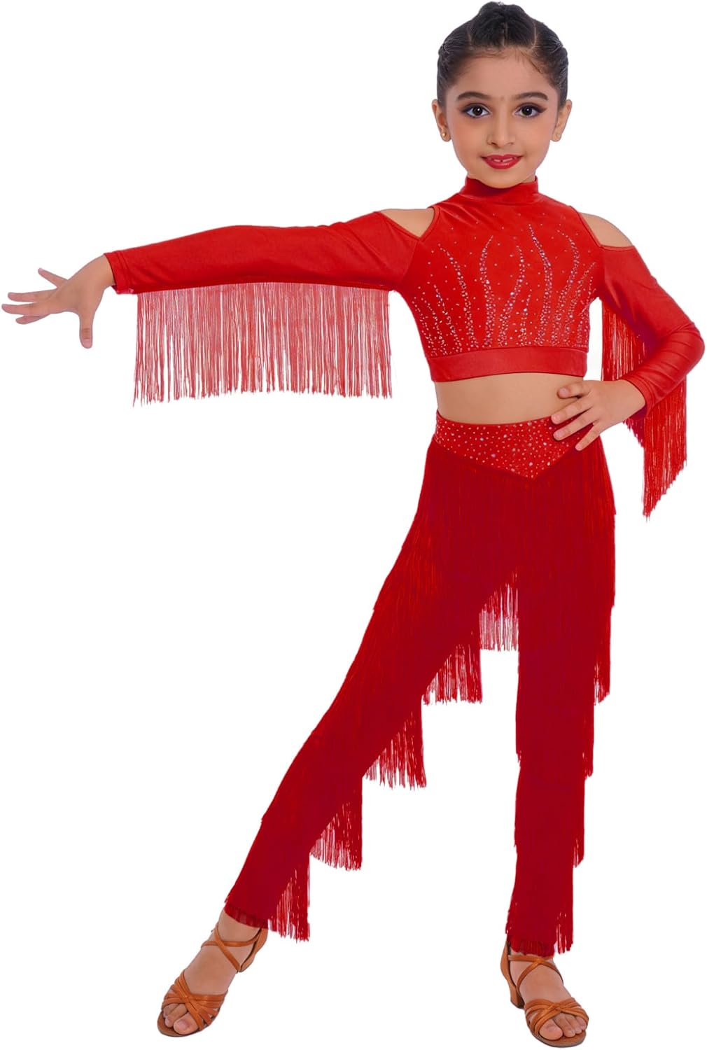 Kids Girls 2 Piece Tassel Camisole Fringe Pants Ballroom Latin Dance Clothing Set Dancing Outfits