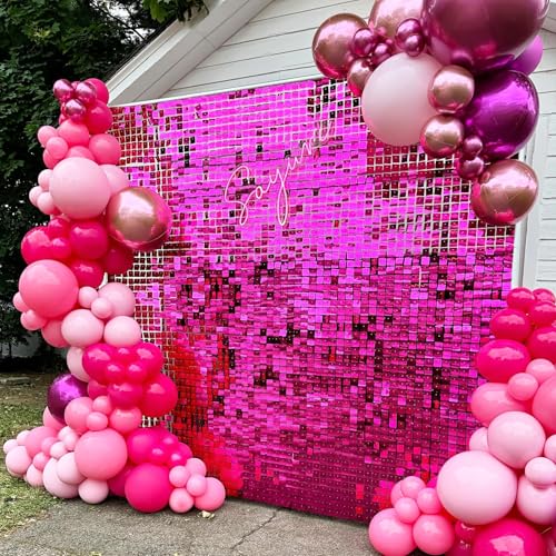 Image of Hot Pink Shimmer Wall Backdrop,Shiny Sequins,24Pcs Sequins Backdrop Decoration Panels, Glitter Bling Photo Background Decorations for Birthday Party Wedding Engagement Anniversary Graduation