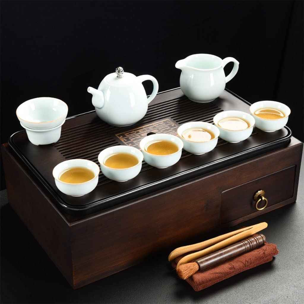 DFGHNBVC Tea Serving Tray,Double Layer Design,Drawer Design, Metal Handle,Chinese Gongfu Tea Table Serving,Easy Drainage,E