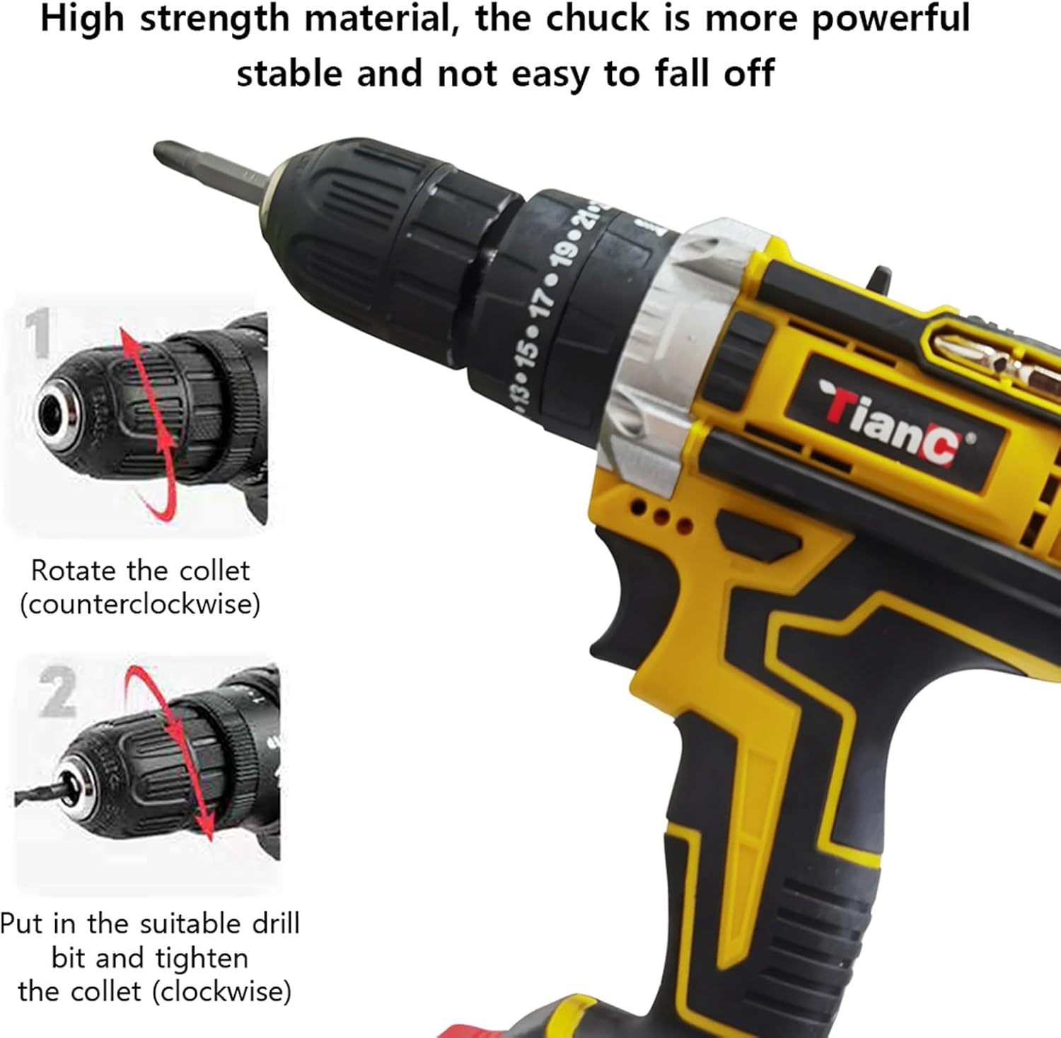 Instructions for operating the drill chuck: rotate the collet counter-clockwise to open, insert the drill bit, then rotate clockwise to tighten.