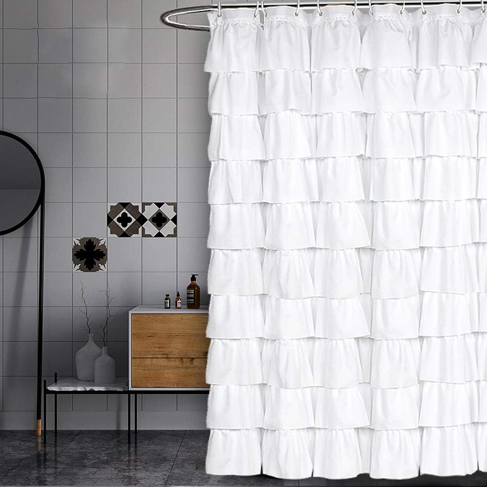 Volens Cortina de ducha blanca con volantes para baño, 72 pulgadas de largo