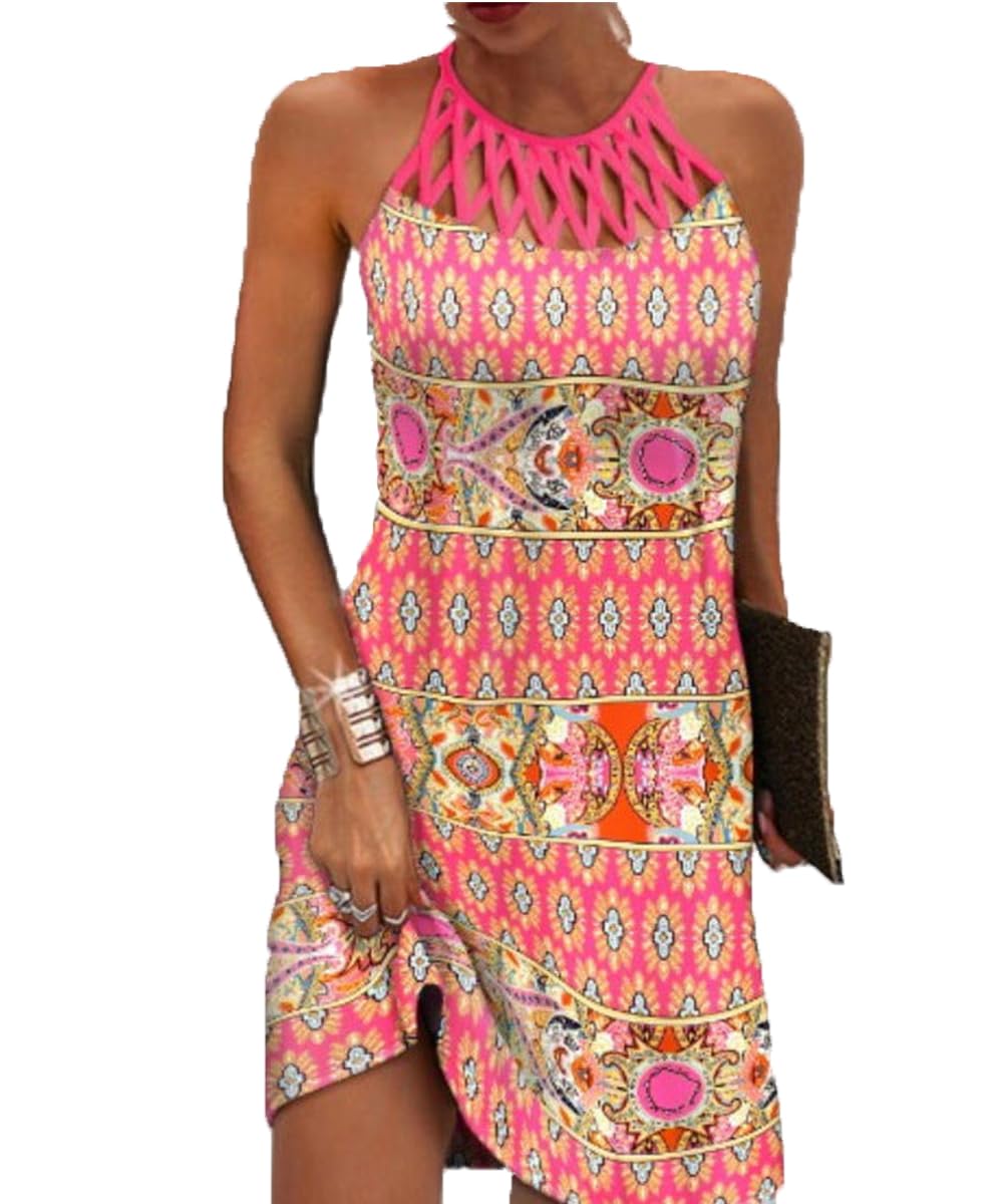 GRMLRPT Vestidos para Mujer sin Mangas Boho Vestido de Verano Estilo étnico Elegante Malla Impresa Vestidos Retro Cuello Halter Vestido de Ocio Vestidos de Playa Mujeres(Multicolor-1,S-XXL)