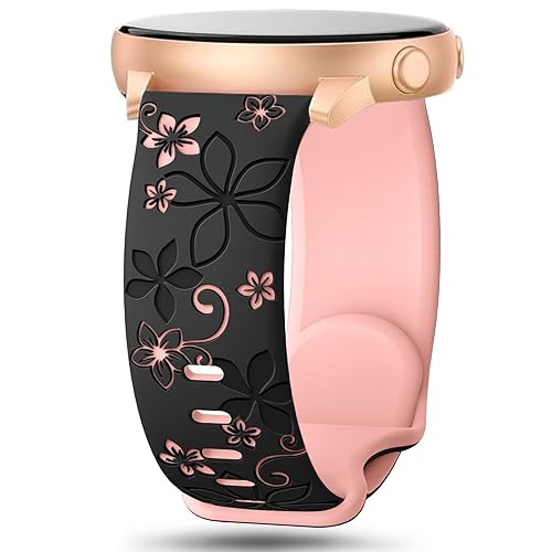 Two-Tone Flower Engraved Bands Compatible with Samsung Galaxy Watch 7/6/5/4/FE Band 44mm 40mm/Watch 6 Classic Band 47mm 43mm/Watch 5 Pro 45mm/Watch 4 Classic,20mm Soft Silicone Sport Strap Women - Black/Pink