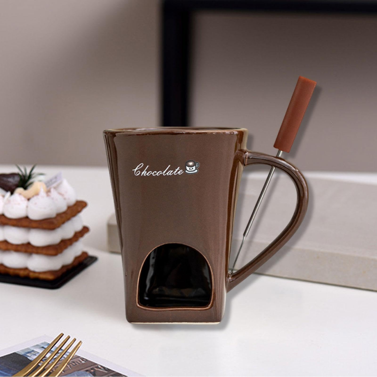 Gralara Taza para Fondue Taza Fondue Práctica Herramienta para el Hogar Calentador de y Queso en Cerámica con Fácil, Color Café, Individual