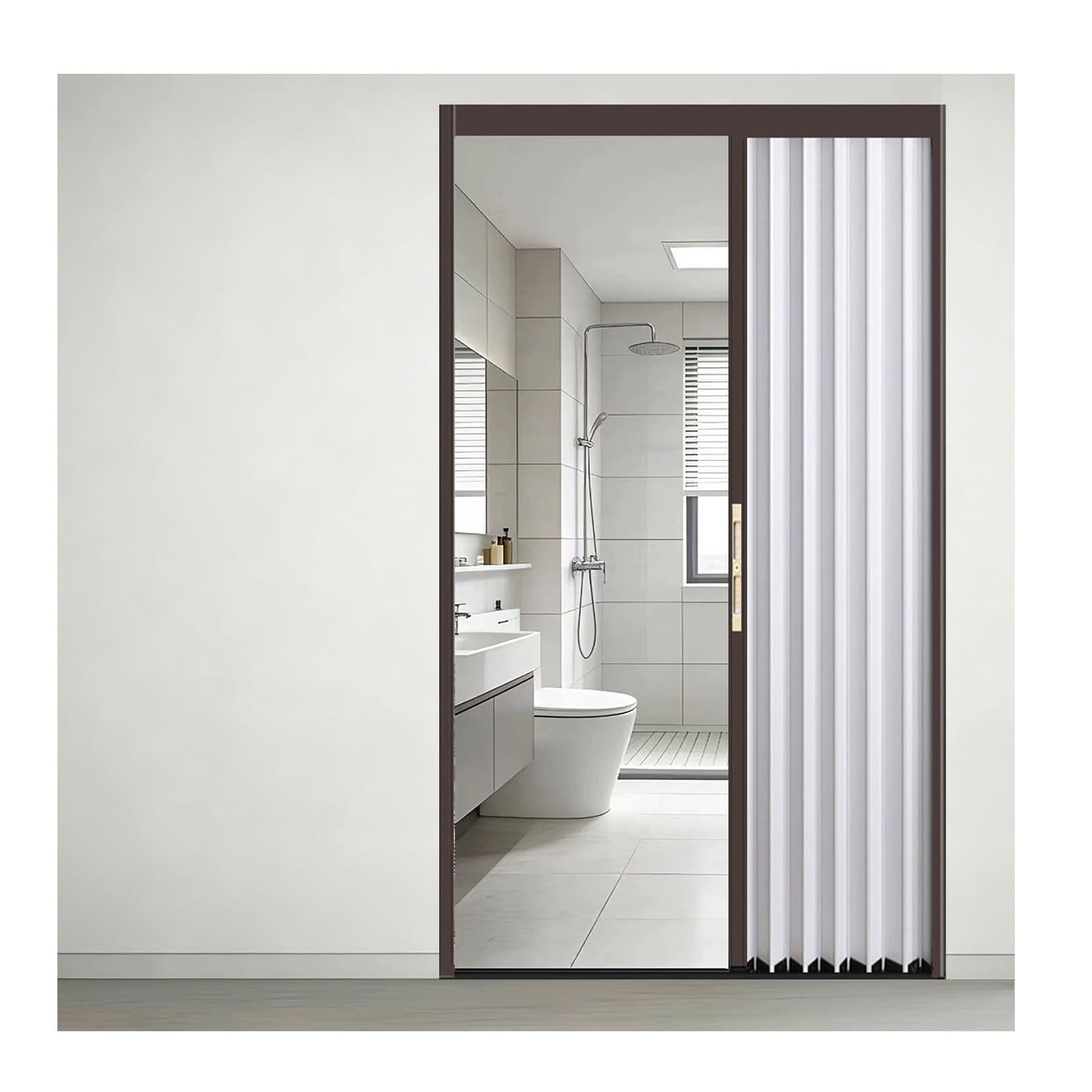 Kphymod Brown Frame No Drill Folding Partition Door, Soundproof Insulating Uv Block Folding Room Divider, Invisible Space Saving Temporary Privacy Divider For Renters(,85X210cm)