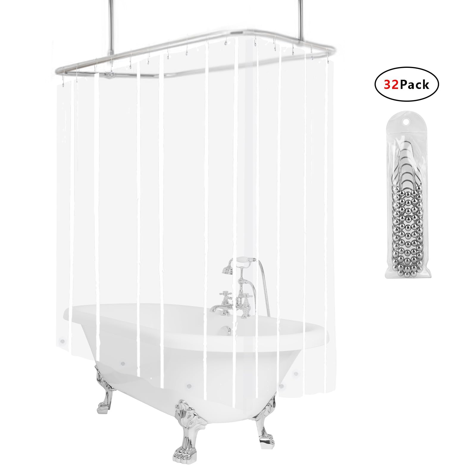 GBYcLyw Clawfoot Tub Clear Shower Curtain or Liner 180x70 Inch Wrap Around Shower Liner with 6 Magnets Waterproof Peva Plastic Shower Curtain Sets 32 Metal Hooks Included