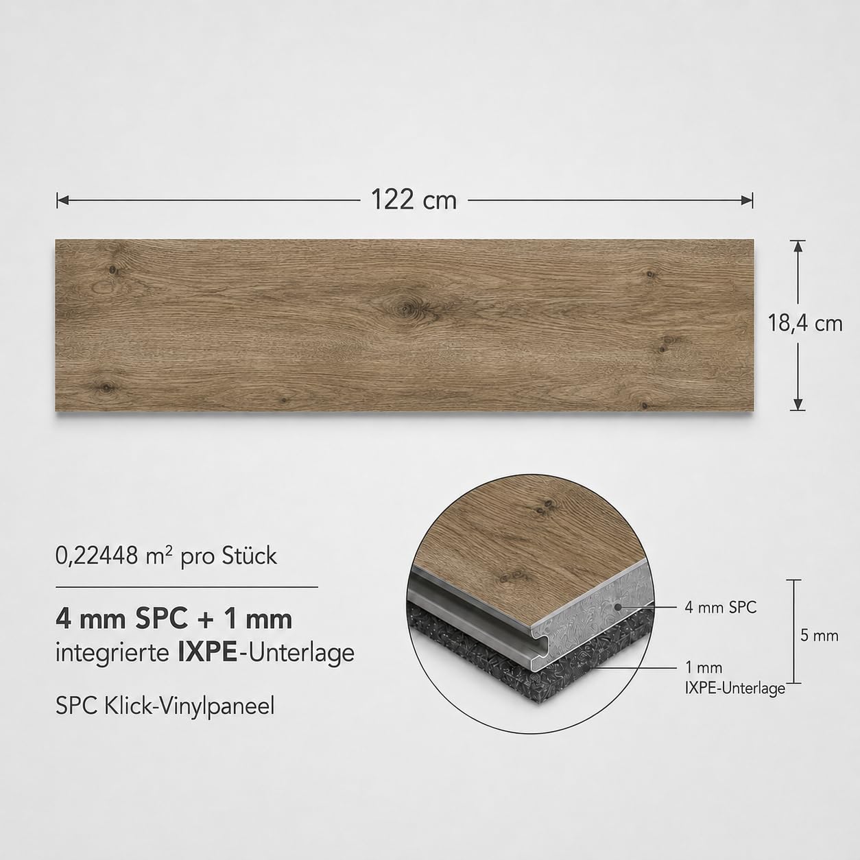 SPC - Pavimento in vinile Klick, 5 mm, 10 assi da 2,25 m², 122 x 18,4 cm, impermeabile, con base IXPE da 1 mm integrato (marrone chiaro, scatola 2,25 m²)
