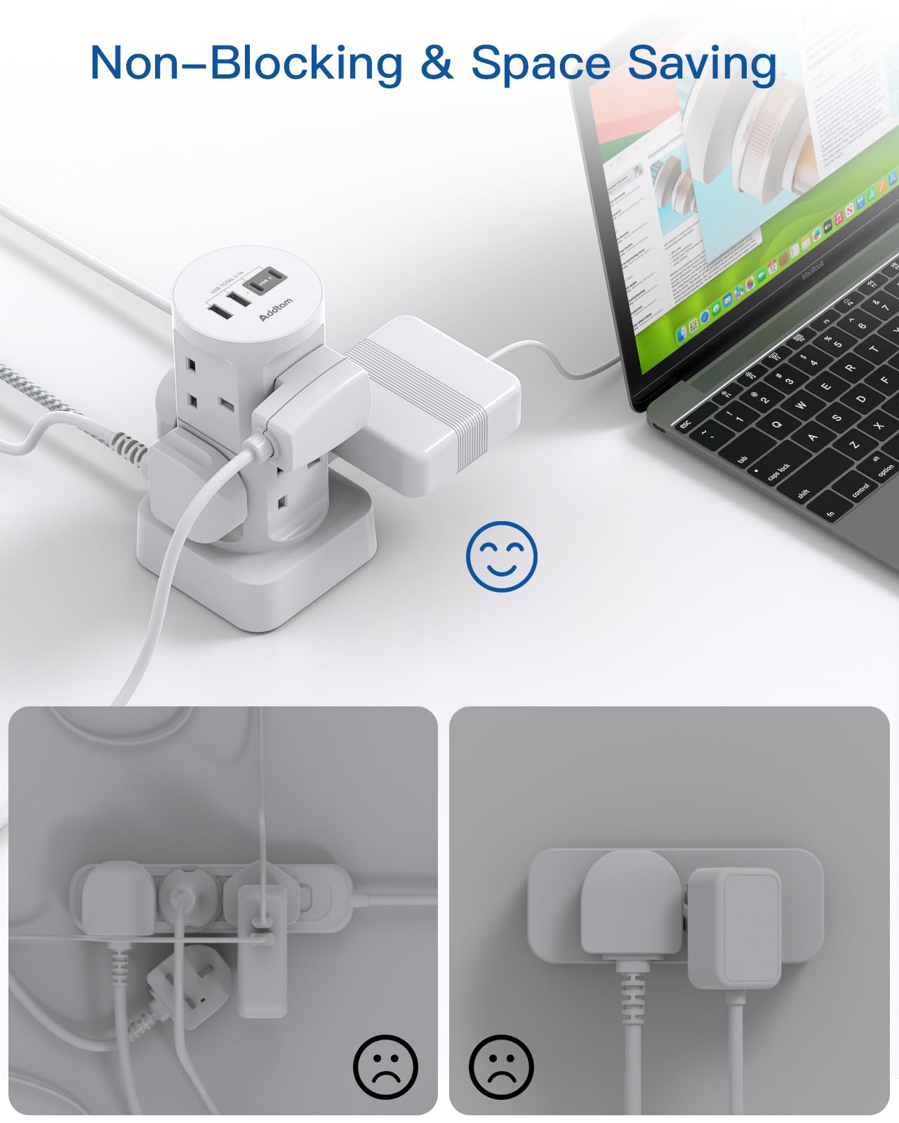 Tower Extension Lead with USB Slots, (13A 3250W), 8 Way Multi Plug Extension Tower & 4 USB Ports (2 Type C & 2 USB A Ports) - Image 4