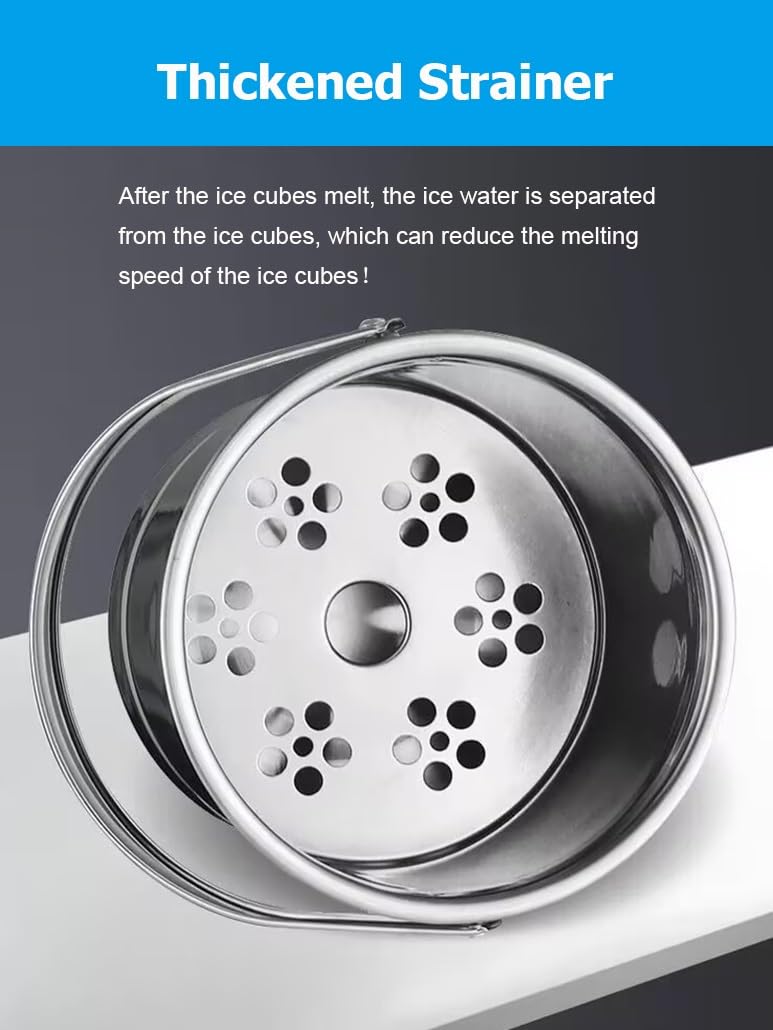 Cubo de hielo de acero inoxidable engrosado de 1,4 L que mantiene el hielo congelado durante más tiempo. Cubo de hielo ligero con pinzas y colador for bar en casa.(6Pcs)