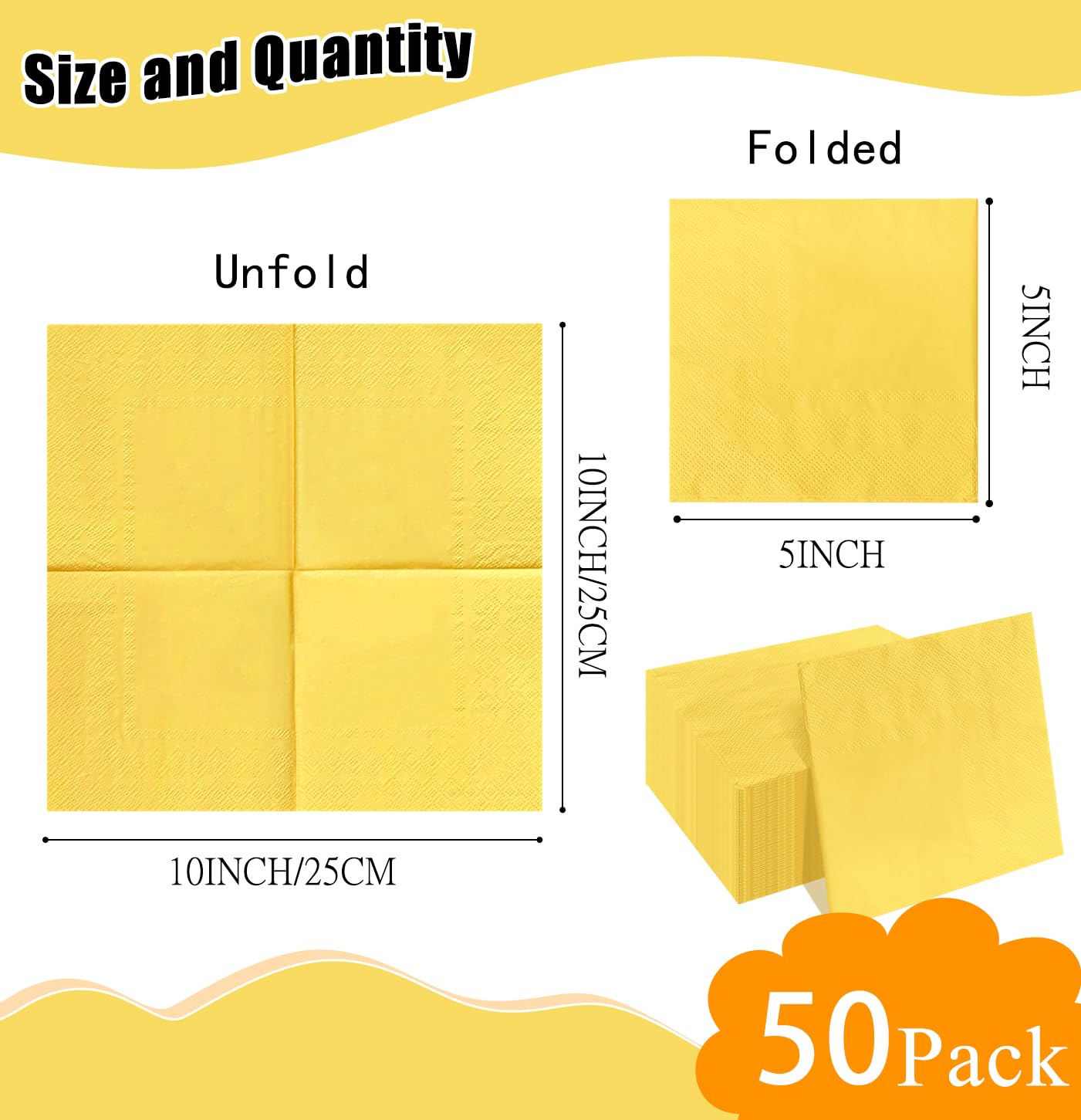 HEIPINIUYE 50 Gelbe Einweg-Servietten – 2-lagig, 25x25 Cm, Gewellter Rand, Für Party & Hochzeit