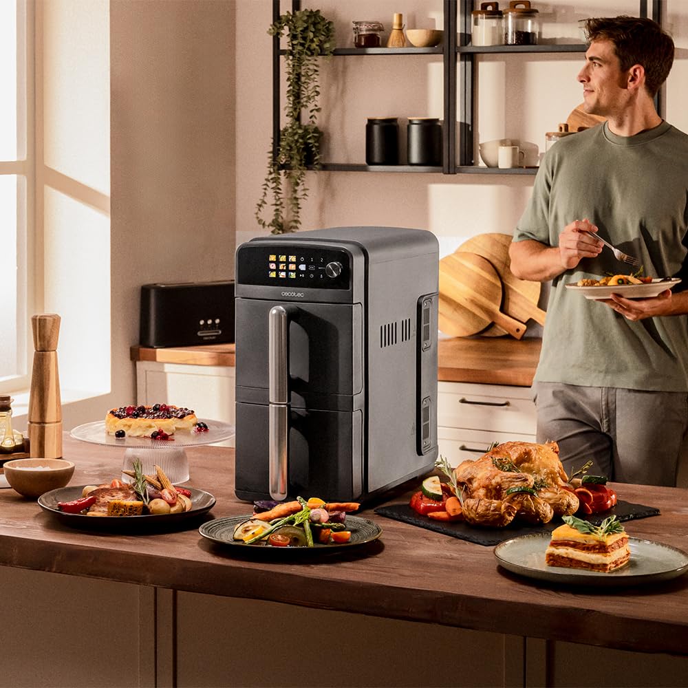 Cecotec Friteuse à Air de 10L avec Cuves Superposées Cecofry DuoLevel 10000. 2400W, Cuves de 5L, Contrôle Tactile, 6 Programmes Préconfigurés pour une Cuisson Rapide et Saine | Cuves superposées de 5 litres, contrôle tactile, 6 programmes préconfigurés, c