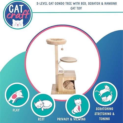 Miniatura 2 de Cat Craft Árbol de condominio para gatos de 3 niveles con cama, juguete para gatos para rascar y colgar, grande, marrón
