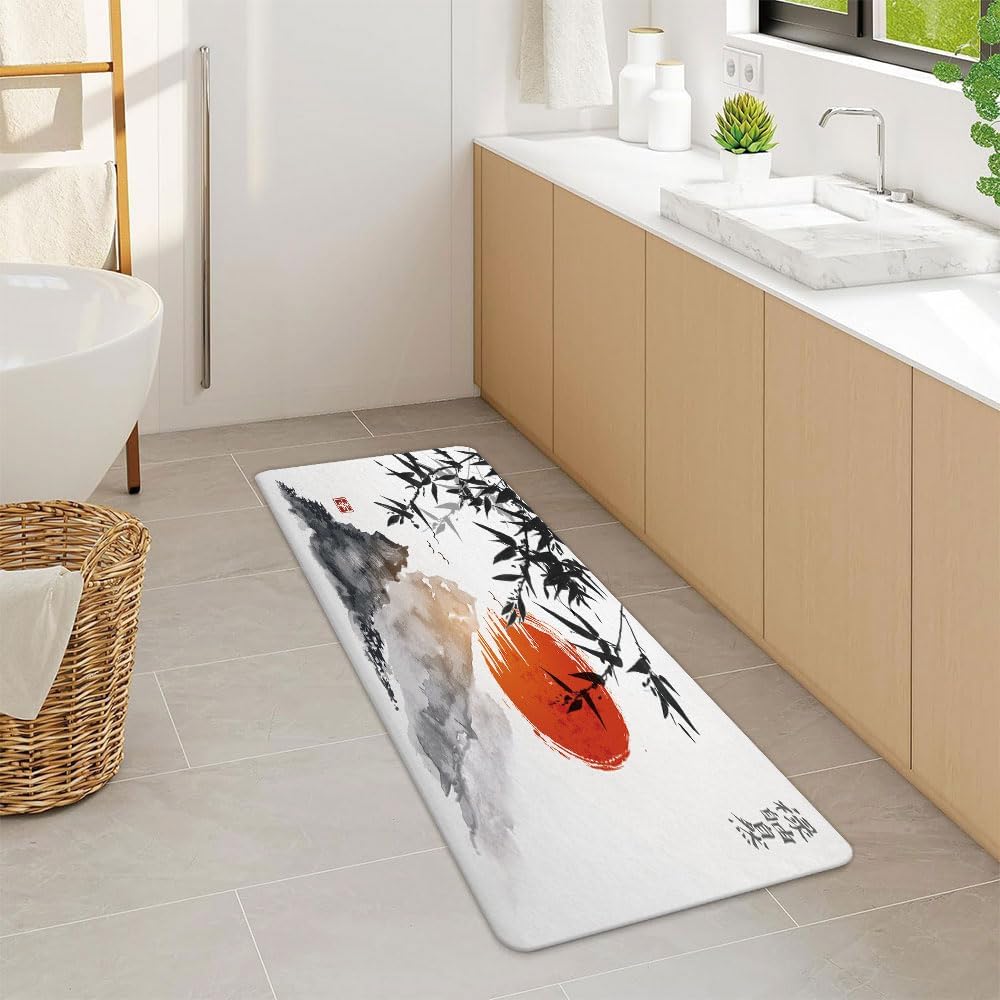 NYMB Japanese Bamboo Trees Sun and Mountains Bath Rugs Non-Slip Floor Entryways Outdoor Indoor Front Door Mat, Asian Fuji Mountain Bath Mat Bathroom Rugs, 17X48in