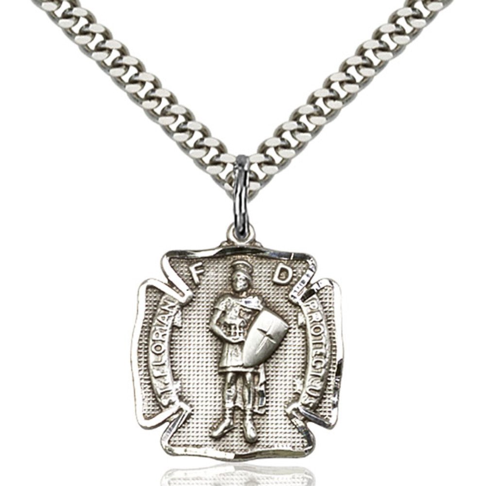 Bonyak Jewelry Saint Medal Collection Sterling Silver St. Florian Pendant 3/4 x 5/8 inches with Heavy Curb Chain