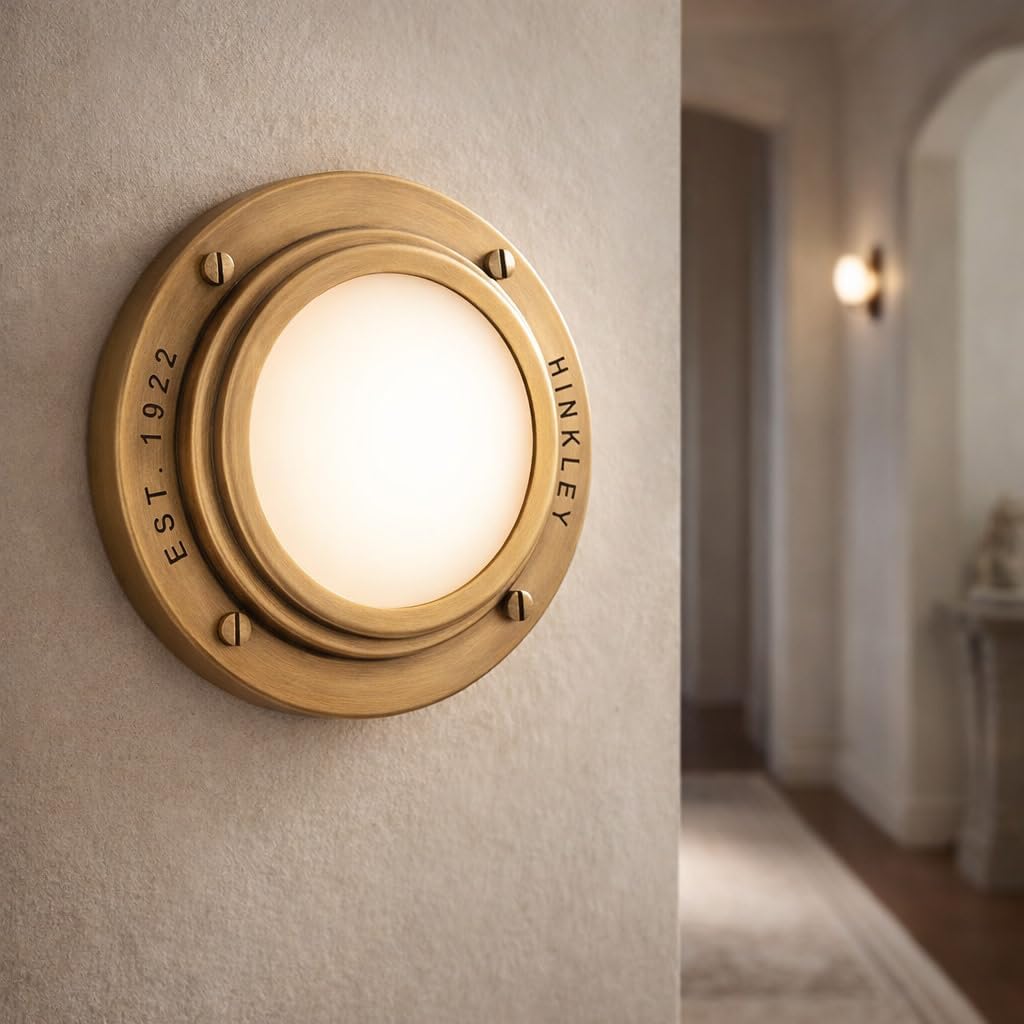 Hinkley Porte Extra Small Flush Mount Ceiling Light or Wall Sconce, Etched Opal Glass Shade, Dual-Mount Design, Integrated LED, ADA Compliant, Heritage Brass Finish
