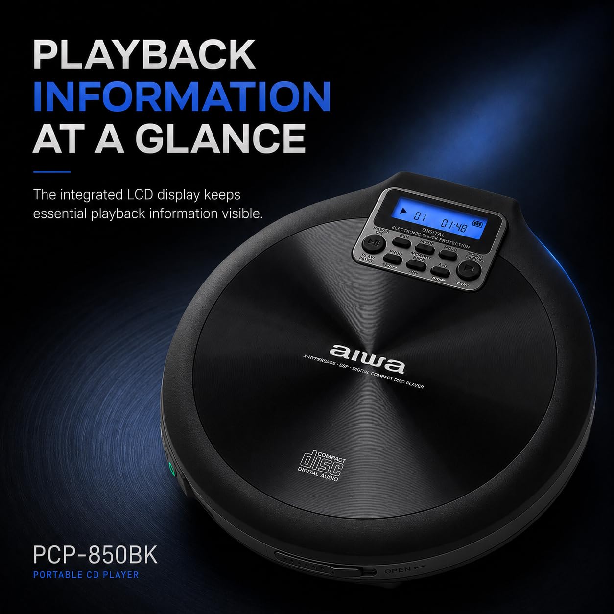 Aiwa Lettore CD Portatile PCP-850 (Nero) MP3 Ricaricabile Hyper Bass | Compatibile con CD, CD-R, CD-RW e file MP3. Batteria ricaricabile con autonomia fino a 8 ore.