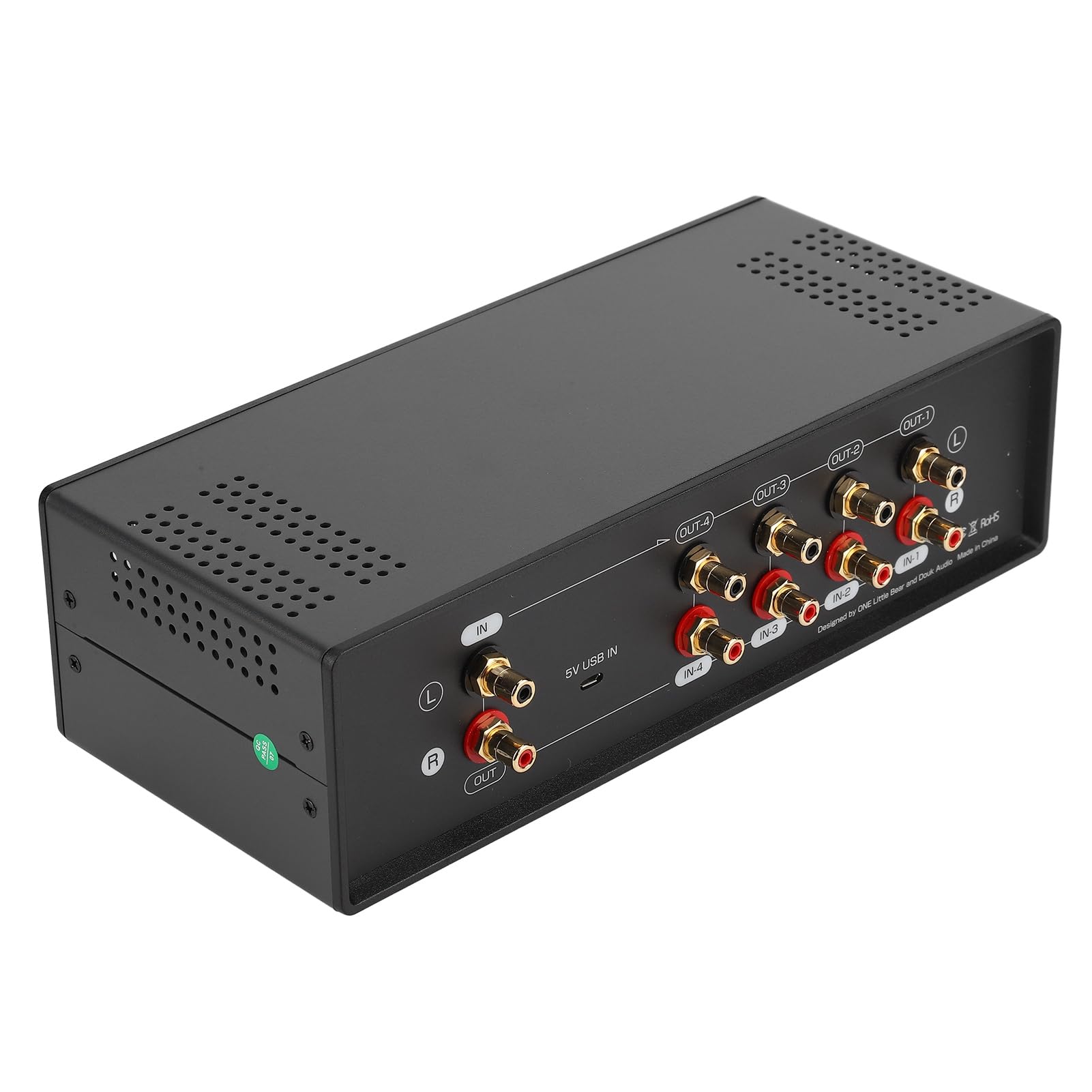 Répartiteur audio 4 voies avec compteur de niveau VU multifonction avec 4 entrées et sorties audio, sélecteur audio stéréo, commutateur audio d'ampli (Rétroéclairage jaune)