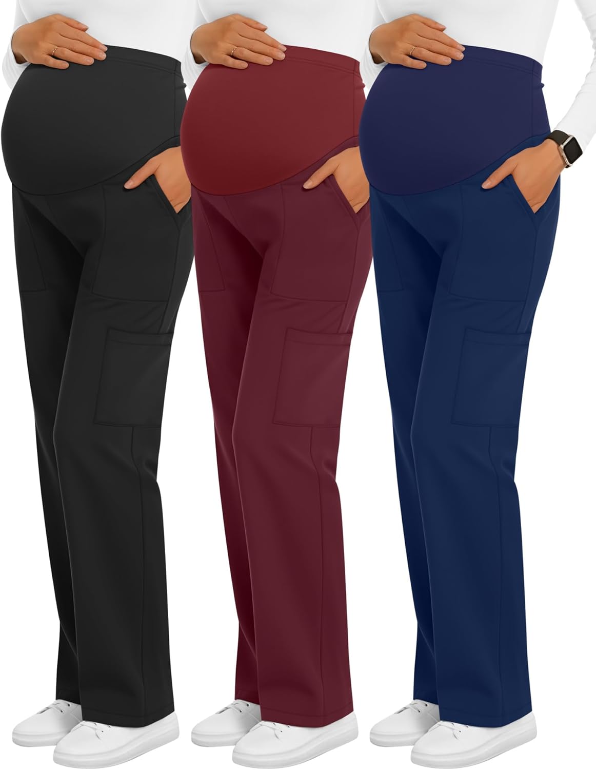 3 Pack Women's Maternity Scrub Pants 6 Pockets Cargo Pants Stretchy Comfy Workwear Straight Leg Pregnancy Pants