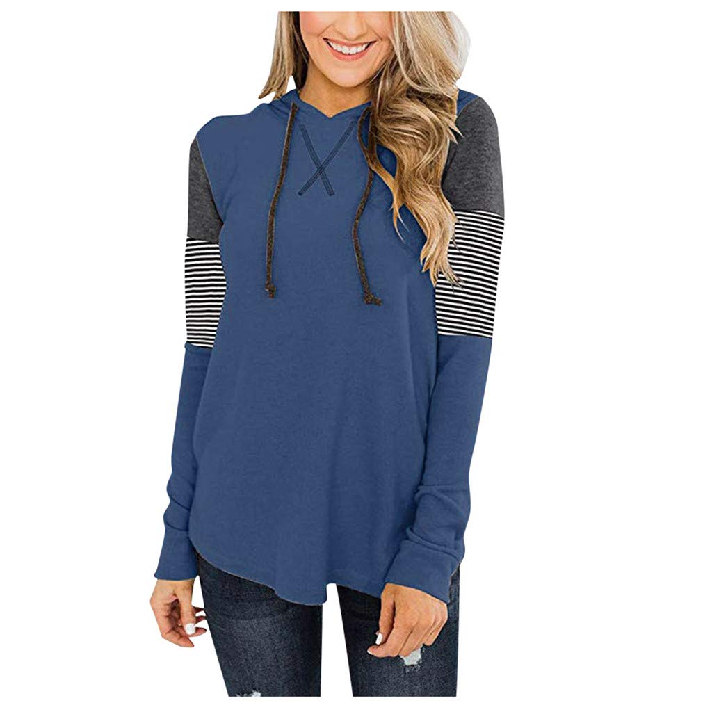 Women's Raglan Tunic Stripe Patchwork Drawstring Hooide Pullover Sweatshirt Navy