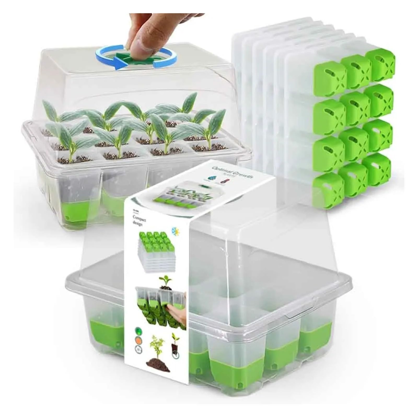 Bandejas para Semillas Bandeja de Inicio de plántulas de 12 Celdas con Cubierta Transparente Caja de germinación de Humedad Invernadero de Crecimiento for jardín Interior para Semilla(5pcs)
