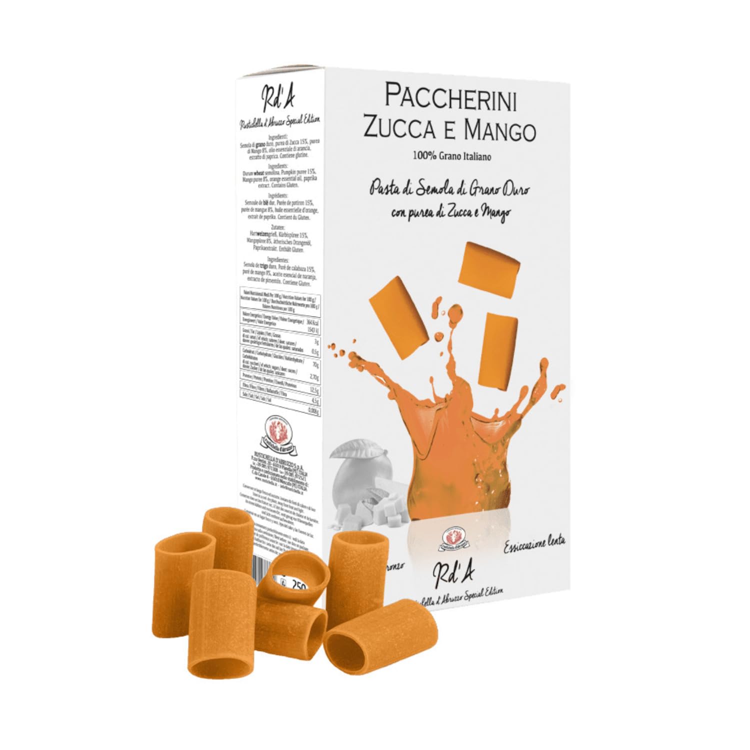 Rustichella d'Abruzzo | Paccherini au potiron et à la mangue | Pâtes de blé dur au potiron et à la mangue - 4 x 250 g | Pâtes courtes artisanales