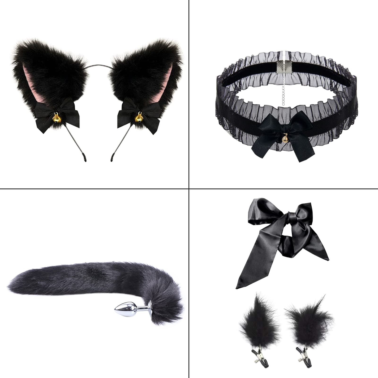 BDSMYOU Plug Anale per Coppie Cosplay con Coda di Volpe,Sex Toys Sexytoysys Coppia,Morsetti per Capezzoli + Collare + Orecchie di Gatto + Maschera per gli occhi,BDSM Bondagerie Accessori Donna (Nero)