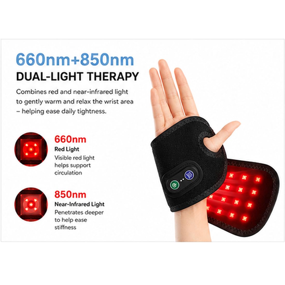 Masajeador de manos con terapia de luz roja, 3 niveles de calefacción, penetración profunda de 660 nm + 850 nm, diseño inalámbrico para relajación y cuidado diario