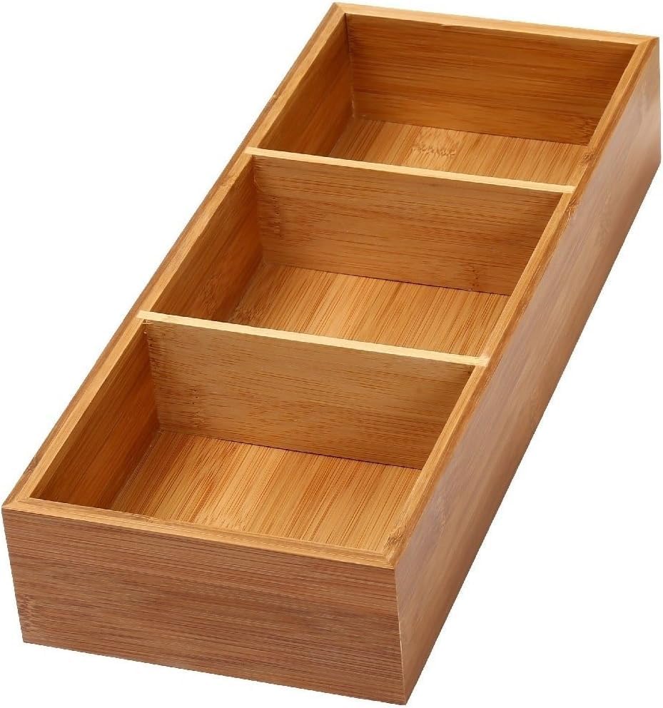 Miniatura 2 de YBM HOME Caja organizadora de cajones de bambú con 3 compartimentos, almacenamiento multiusos para cajón de basura, oficina, hogar, cocina,