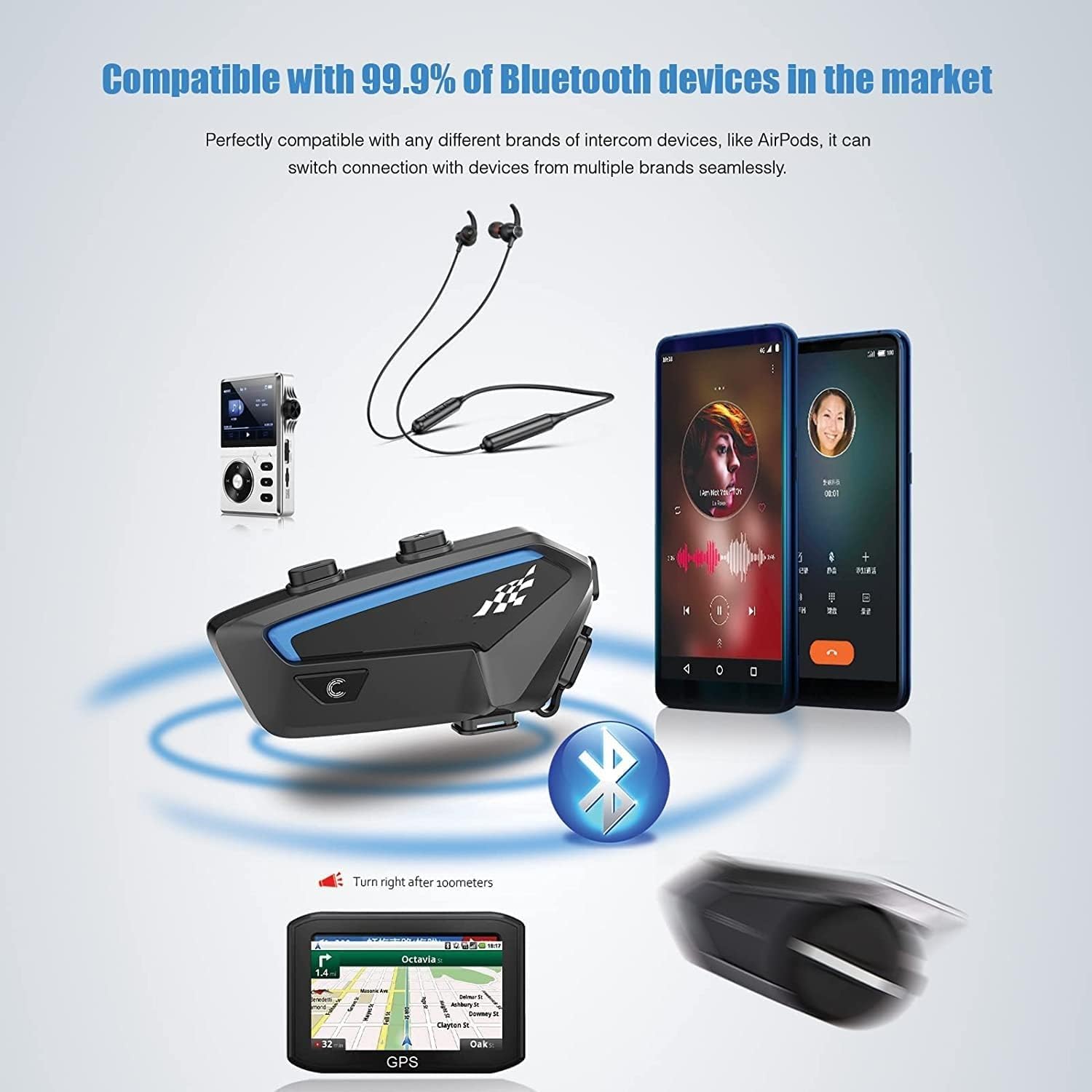 OBEST Casco de moto Bluetooth 5.0, intercomunicador para 10 conductores, alcance de hasta 2000 m, IP67 resistente al agua, 1100 mAh, reducción de ruido para todos los cascos de moto