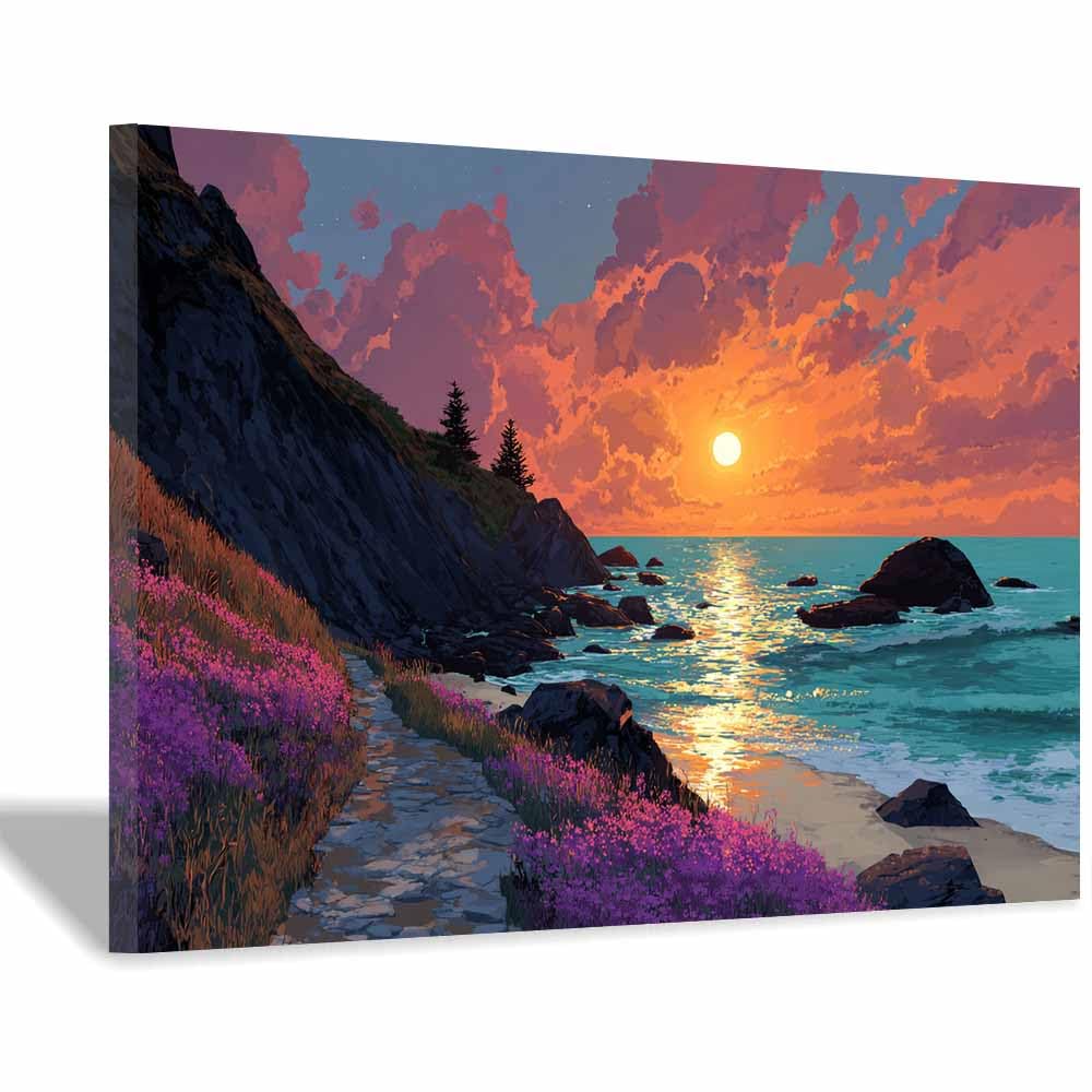HOQIU Natural scenery wall art Coastsal Sunset Wildflowers decorative painting, wall art, for Living Room Bathroom Bedroom Kitchen Decoration.(Multicolor)-70x100cm Framed