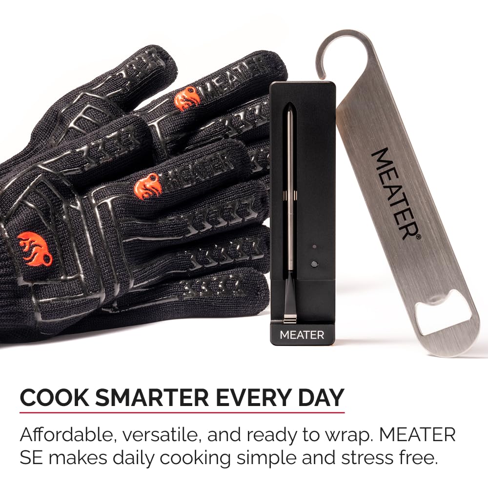 MEATER SE Wireless Thermometer w/BBQ Mitts & Bar Blade, Black, 165ft Range | Wireless smart thermometer for everyday cooking with heat-resistant mitts and bar blade bottle opener. 50+ recipes in app.