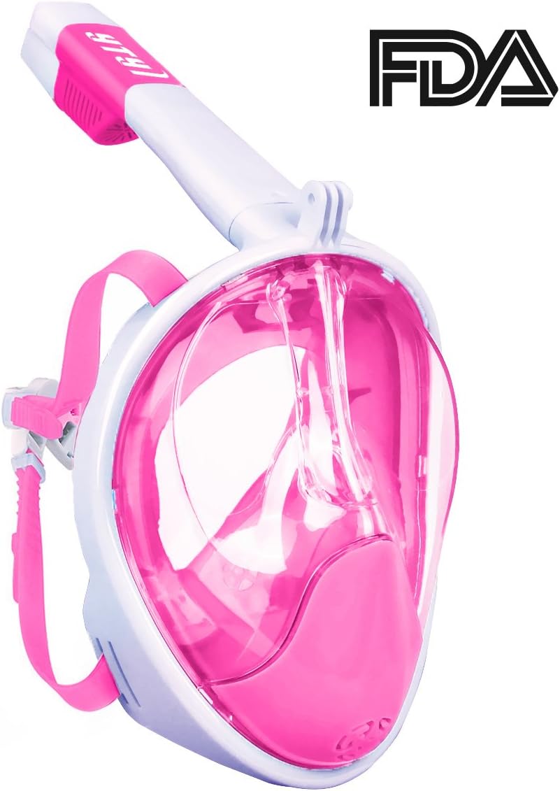 Snorkel Mask, 180°Seaview GoPro Compatible Panoramic Anti-Fog & Anti-Leak Technology Full Face Snorkeling Mask Easy to Breathe with Larger Capacity Breather Pipe for Kids & Adults (Pink, L/XL)