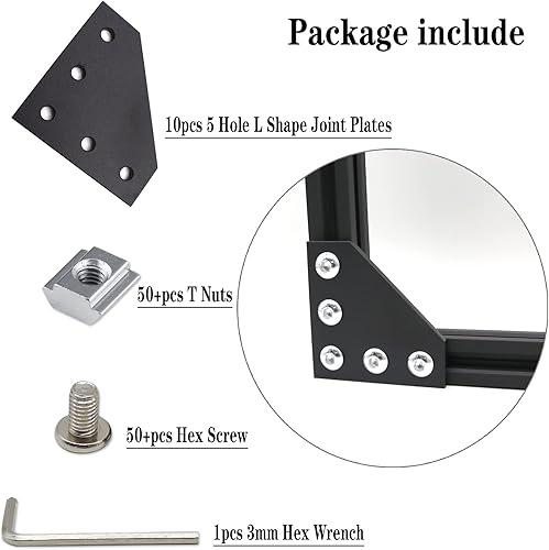 Miniatura 5 de 10 placas de soporte de esquina negras serie 2020 de 5 agujeros en forma de L con 50 tuercas M5 T + 50 tornillos M5 x 0.315 in + 1 llave para ranura