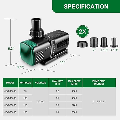 Miniatura 2 de Bomba de agua para acuario de 4800 GPH de 36 V CC con controlador, sumergible de 105 W y bomba de retorno en línea para peceras, fuentes, sumidero,