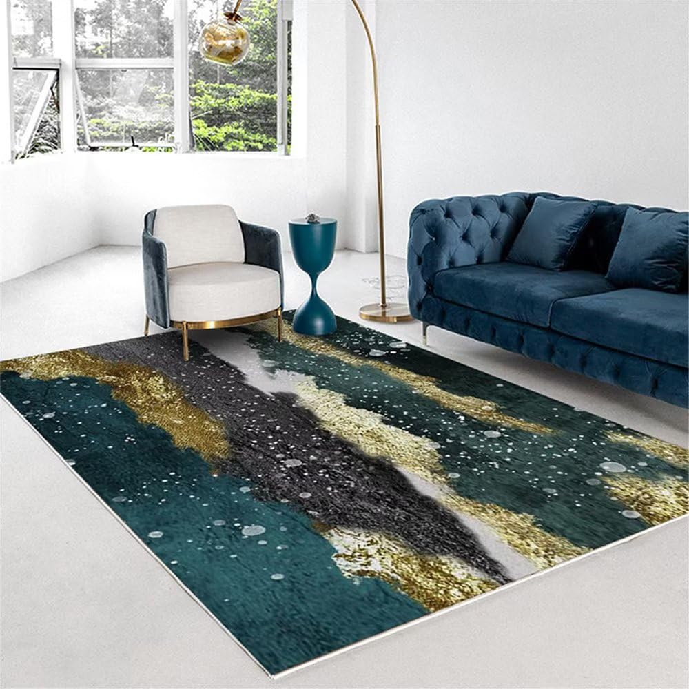 Tapis chambre ado bleu et or abstrait créant un coin étude inspirant