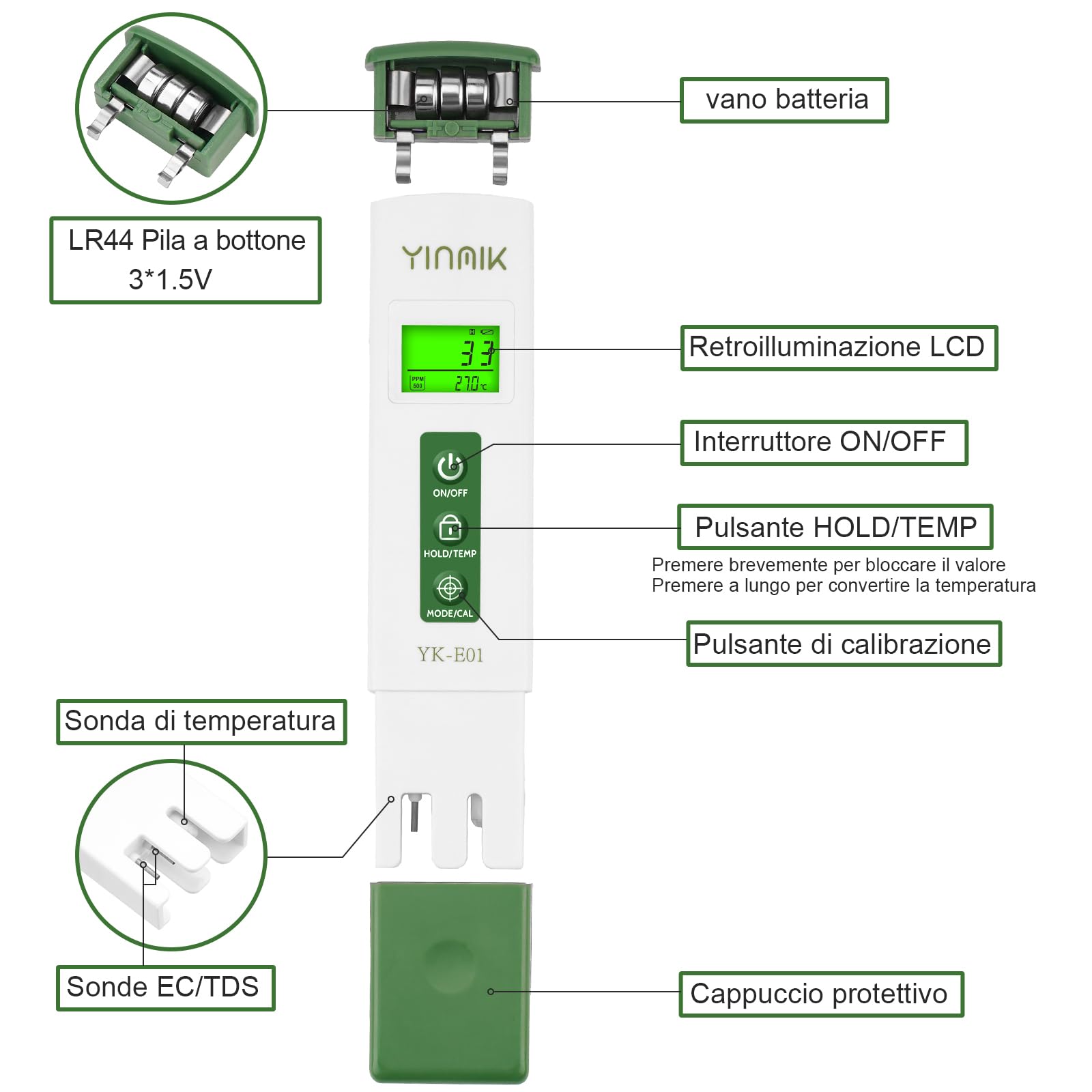YINMIK Misuratore TDS Digitale Professionale con EC e Temperatura Tester Acqua ad Alta Precisione ATC Modalità PPM500/PPM700 Misuratore di Conduttività per Idroponica Acquari Piscine e Acqua Potabile