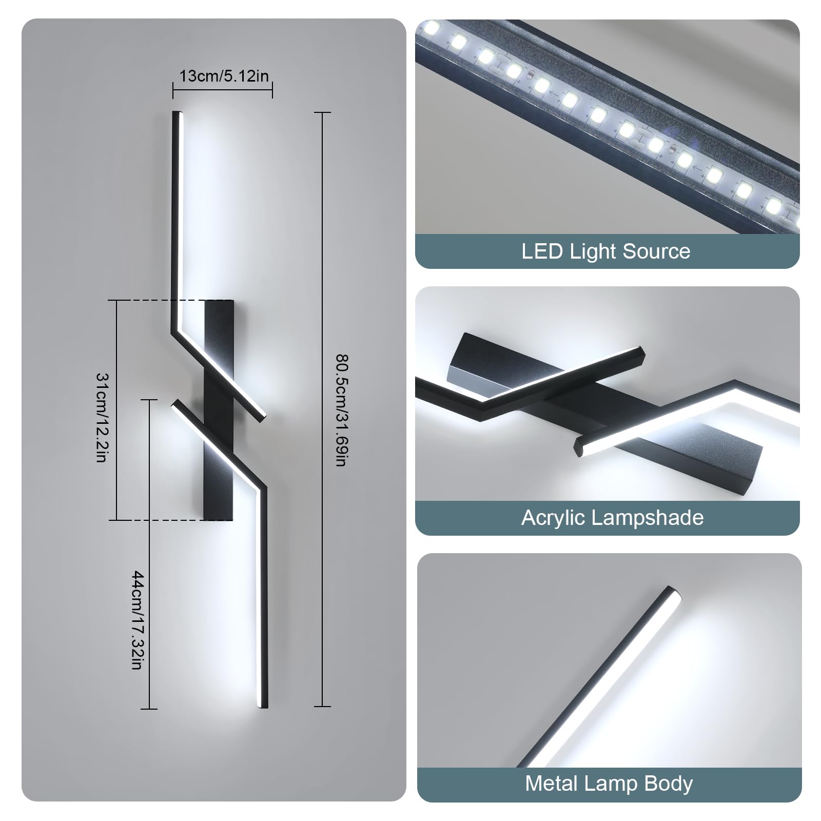Goeco Applique da Parete Interno 81CM 24W 6500K 2 Tubi Lungo Nero | 2700LM Lampada da Parete Lungo in Acrilico a Luce Bianco Freddo Applique a Muro Moderno per Soggiorno Camera da Letto Scala