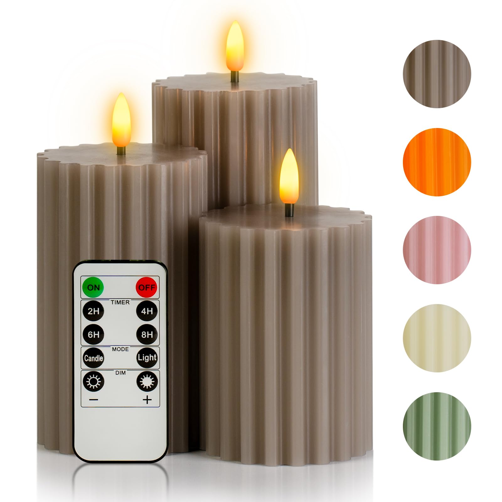 Flameless Pillar Candles Stripe Design with Remote Timer, Gray LED Battery Operated Real Wax Candles Warm Light 3D Wick Flickering for Home Party Wedding Decor D 3" H 4" 5" 6"(Set of 3)