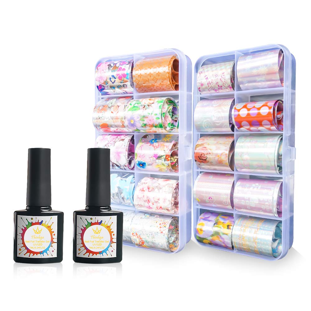 Nail Foil Transfer Sticker Set, Thinkga Nail Foil Art Set with 20PCS Transfer Nail Foil and 2 Transfer Gel, Flowers Foil for Pro Nail Tech, Nail Lover, Nail Art Kit Clearance